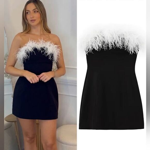 Zara Dresses & Skirts - NWT ZARA mini dress with feathers contrast white and black